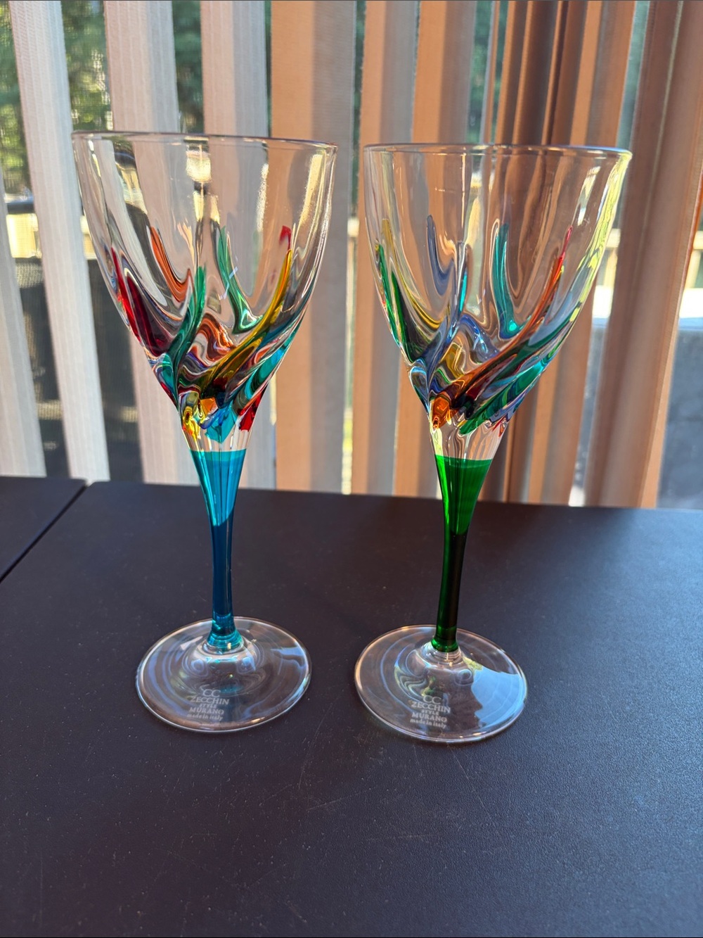 Murano Zecchin Style Hand-Blown Multicolor Art Glass Wine Goblet - Set of 2